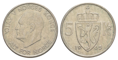 Норвегия 5 крон 1965 Улаф V (1957-1991) KM 412 медно-никель 4162-312