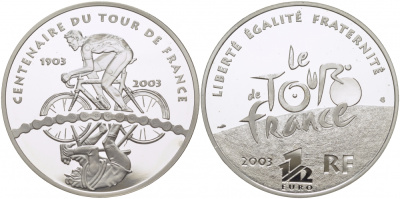 Франция 1 1/2 евро 2003 100 лет велогонкам Тур де Франс, велосипедист и его отражение KM 1321 серебро PROOF 1077-9-44