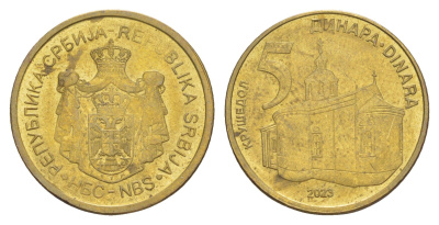Сербия 5 динаров 2023 KM 56a сталь плакированная латунью UNC 4650-617