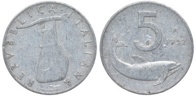 Италия 5 лир 1952 R, плуг, дельфин KM 92 алюминий 4596-424