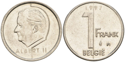 Бельгия 1 франк 1997 BELGIE, Альберт II (1993-) KM 188 сталь плакированная никелем 4608-437