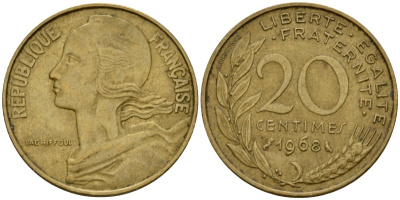 Франция 20 сантимов 1968 тип Marianne KM 930 алюминиевая бронза 4390-1123