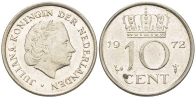 Нидерланды 10 центов 1972 Юлиана (1948-1980) KM 182 никель 214-1259