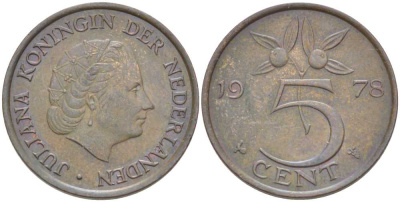 НИДЕРЛАНДЫ 5 ЦЕНТОВ 1978 ЮЛИАНА (1948-1980) KM 181 бронза 213-1145