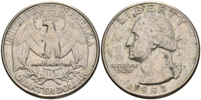 США 25 центов (квотер) 1993 P, Вашингтон KM А164а медь плакированная медно-никелем    4603-957