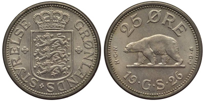 Гренландия 25 эре 1926 NCN; CJ, медведь, датская колония, Кристиан X (1912-1947) KM 5 медно-никель 186-1054