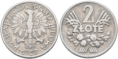 Польша 2 злотых 1959 Народная Республика, монетный двор Кремница KM 46, Parchimowicz 216b алюминий 4397-437