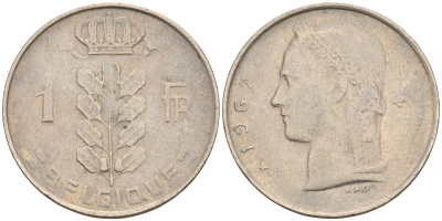 БЕЛЬГИЯ 1 ФРАНК 1967 BELGIQUE KM 143.1 медно-никель 4589-755