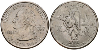 США 25 центов = квотер 2003 P, серия штаты США, Иллинойс KM 343 медь плакированная медно-никелем 4603-1147