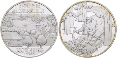 Австрия 500 шиллингов 1995 альпийское предгорье, лесоруб на санях KM 3029 серебро PROOF 11-092-15