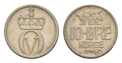 Норвегия 10 эре 1967 Улаф V (1957-1991) KM 411 медно-никель UNC 4632-1154
