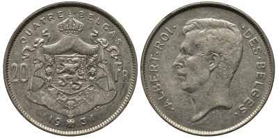 БЕЛЬГИЯ 20 ФРАНКОВ 1931 АЛЬБЕРТ, DES BELGES КМ 101.1 никель 443-414