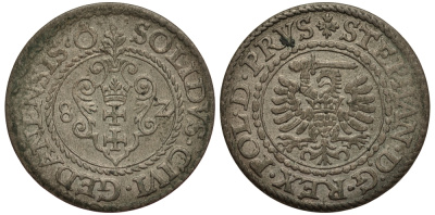 Польша, Данциг 1 шиллинг (шеляг) 1582 Стефан Баторий (1576-1586), вес 1,08 гр. серебро 1516-1533