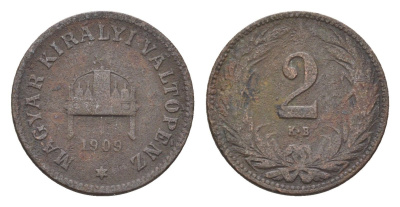 Венгрия 2 филлера 1909 KB, Франц Иосиф I (1848-1916) KM 481 бронза 4664-825