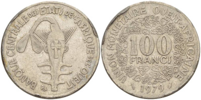 ВАЛЮТНЫЙ СОЮЗ СТРАН ЗАПАДНОЙ АФРИКИ 100 ФРАНКОВ 1979 KM 4 никель 4551-841