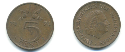 НИДЕРЛАНДЫ 5 ЦЕНТОВ 1974 ЮЛИАНА KM 181 бронза 83-852