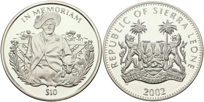Сьерра-Леоне 10 долларов 2002 PM, королева-мать с собакой KM 277 серебро PROOF 00-00