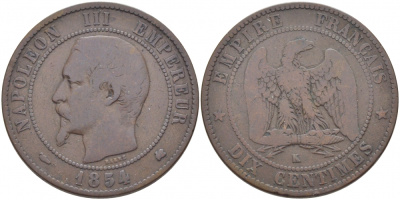 Франция 10 сантимов 1854 K, Наполеон III (1852-1870) KM 771.5 бронза 3460-933