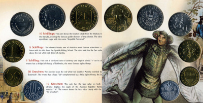 Австрия набор из 6 монет (10, 50 грошей; 1, 5, 10 и 20 шиллингов) 2001 200 лет со дня рождения Иоганна Нестроя, в оригинальной упакове, последний год выпуска шиллинга KM 2878, 2885, 2886, 2889a, 2918, 3075 медно-никель, алюминиевая бронза BU 6-5-3-03