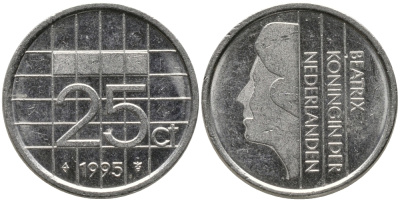 НИДЕРЛАНДЫ 25 ЦЕНТОВ 1995 БЕАТРИКС KM 204 никель 96-1262