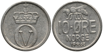 Норвегия 10 эре 1968 пчела, Улаф V (1958-1991) KM 411 медно-никель 206-1111