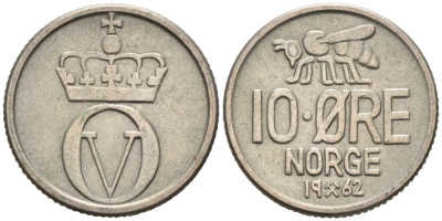 Норвегия 10 эре 1962 ПЧЕЛА, Улаф V KM 411 медно-никель 4564-825