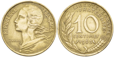 ФРАНЦИЯ 10 САНТИМОВ 1963 ТИП MARIANE KM 929, LE FRANC 144.3 медь алюминий никель 4551-624