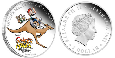 Австралия 1 доллар 2011 90 лет Джинджер Меггс (Ginger Meggs), кенгуру, цветная эмаль KM NEW серебро PROOF 1074-1-14