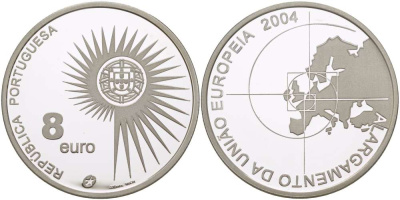 Португалия 8 евро 2004 INCM, расширение Европейского Союза KM 753a серебро PROOF 02-087-21