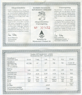 Финляндия набор из 6 монет 1997 официальный набор, с сертификатом, включая 25 марок PROOF 5-6-2-8