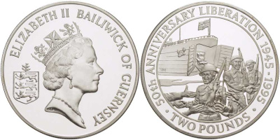 Гернси 2 фунта 1995 50 лет освобождения Нормандских островов, в оригинальной коробке, с сертификатом KM 61a серебро  PROOF  6-5-3-27