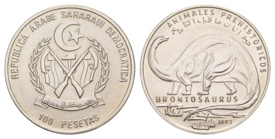 Западная Сахара 100 песет 1993 Доисторические животные - Бронтозавр, тираж 2.000 экземпляров KM 13 сталь плакированная никелем UNC 413-6533