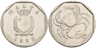 Мальта 5 центов 1991 краб KM 95 медно-никель 4575-126
