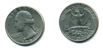 США 25 ЦЕНТОВ = КВОТЕР 1987 D, ВАШИНГТОН KM А164а медь плакированная медно-никелем 59-2035