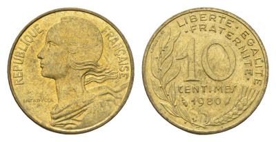 Франция 10 сантимов 1980 KM 929 алюминиевая бронза 4674-615
