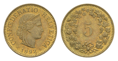 Швейцария 5 раппенов 1992 B KM 26c алюминиевая бронза 4609-263