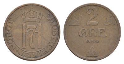 Норвегия 2 эре 1936 Хокон VII (1905-1957) KM 371 бронза 4635-256