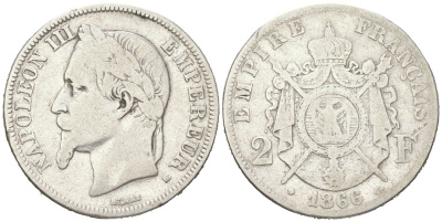 Франция 2 франка 1866 BB, Наполеон III (1852-1870) KM 807.2 серебро 4044-423