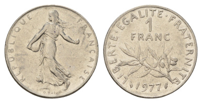 Франция 1 франк 1977 KM 925 никель 186-311
