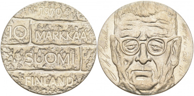 Финляндия 10 марок 1970 S-H, день рождения президента Юхо Паасикиви KM 51 серебро UNC 1521-1143