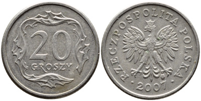 ПОЛЬША 20 ГРОШЕЙ 2007 MW KM 280 медно-никель 4392-558