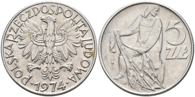 Польша 5 злотых 1974 MW, рыбак KM 47, Parchimowicz 220f алюминий 4565-213