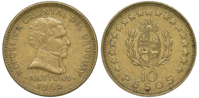 Уругвай 10 песо 1965 KM 48 алюминиевая бронза 4574-1033