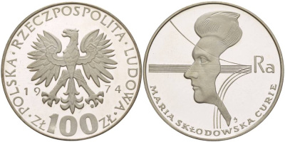 Польша 100 злотых 1974 MW, 40 лет со дня смерти Марии Склодовской-Кюри (1867-1934) KM 71, Parchimowicz 270 серебро PROOF 1080-9-45