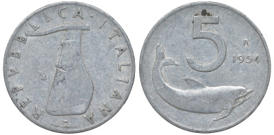Италия 5 лир 1954 R, дельфин KM 92 алюминий 4164-416