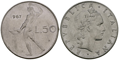 Италия 50 лир 1967 R, бог огня Вулкан у наковальни KM 95.1 нержавеющая сталь 4138-556