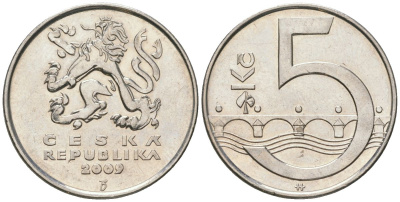 Чехия 5 крон 2009 b’, чешский лев, Карлов мост KM 8 сталь плакированная никелем aUNC 4592-155