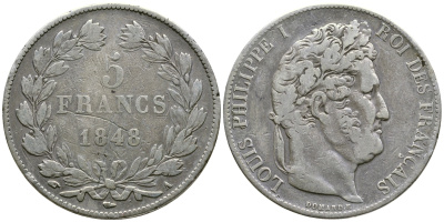 Франция 5 франков 1848 А, Луи Филипп I (1830-1848) LE FRANC 325.17, KM 749.1 серебро 79-1335