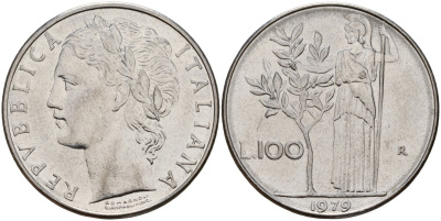 Италия 100 лир 1979 R, Афина у оливкого дерева KM 96.1 нержавеющая сталь 4149-1232