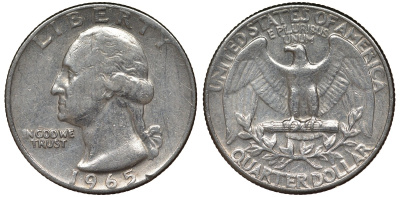 США 25 центов (квотер) 1965 Вашингтон KM 164а медь плакированная медно-никелем 4128-622